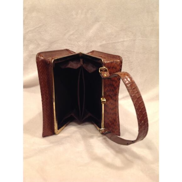 Vintage Brown Snake Print Handbag with Gold Accents Square Top Handle Purse - Picture 9 of 14